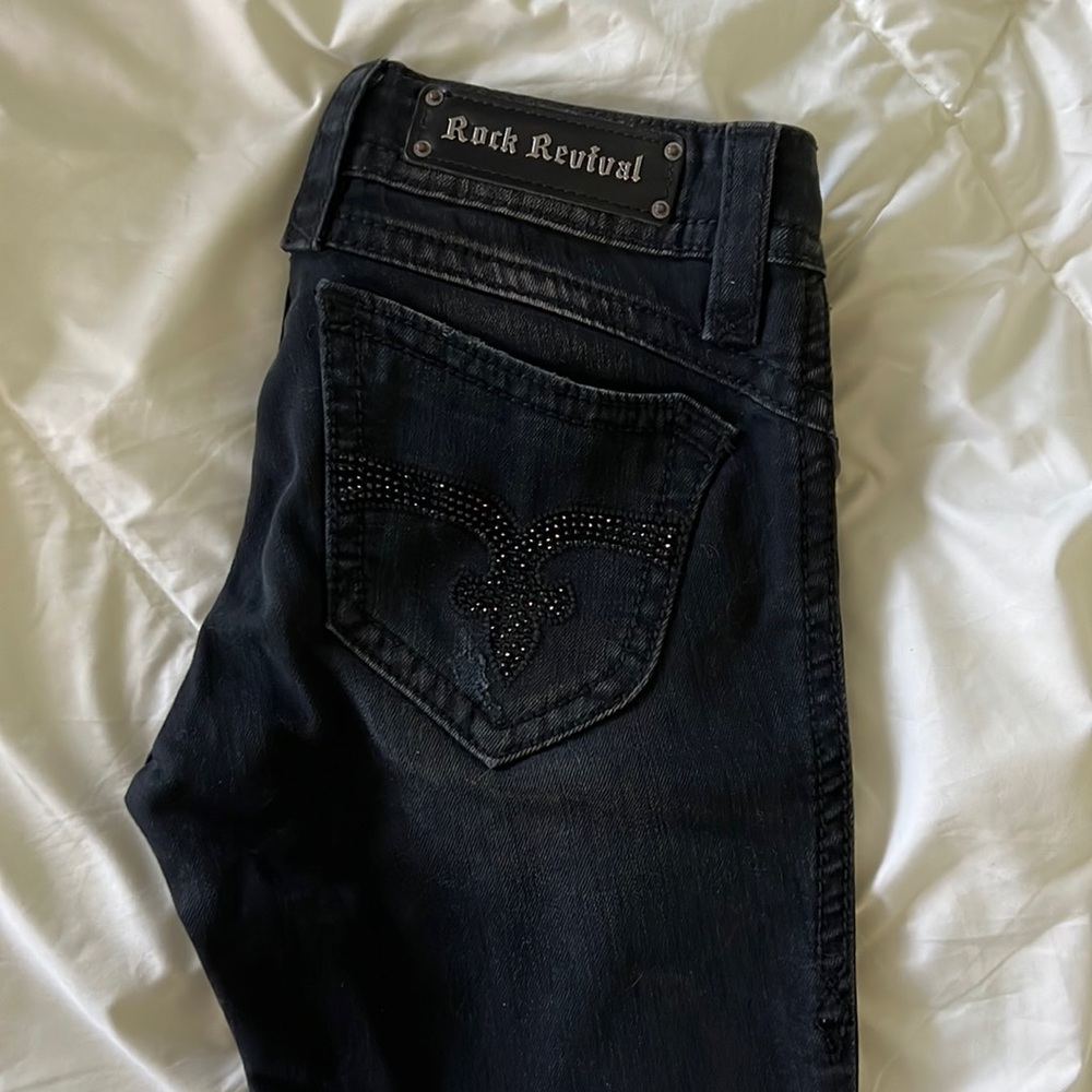 Rock Revival black Amy Skinny Jeans. Size 28. Black bedazzled hardware